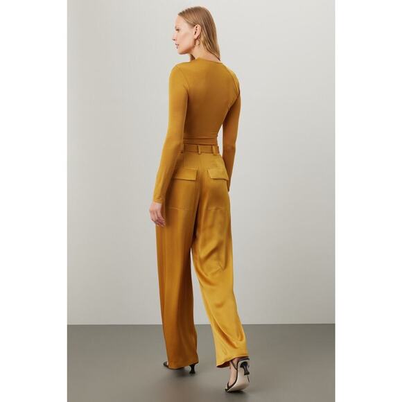 LAPOINTE Mustard Yellow Satin Pleated Front Zipper Relaxed Pants Size 8 - Picture 2 of 16